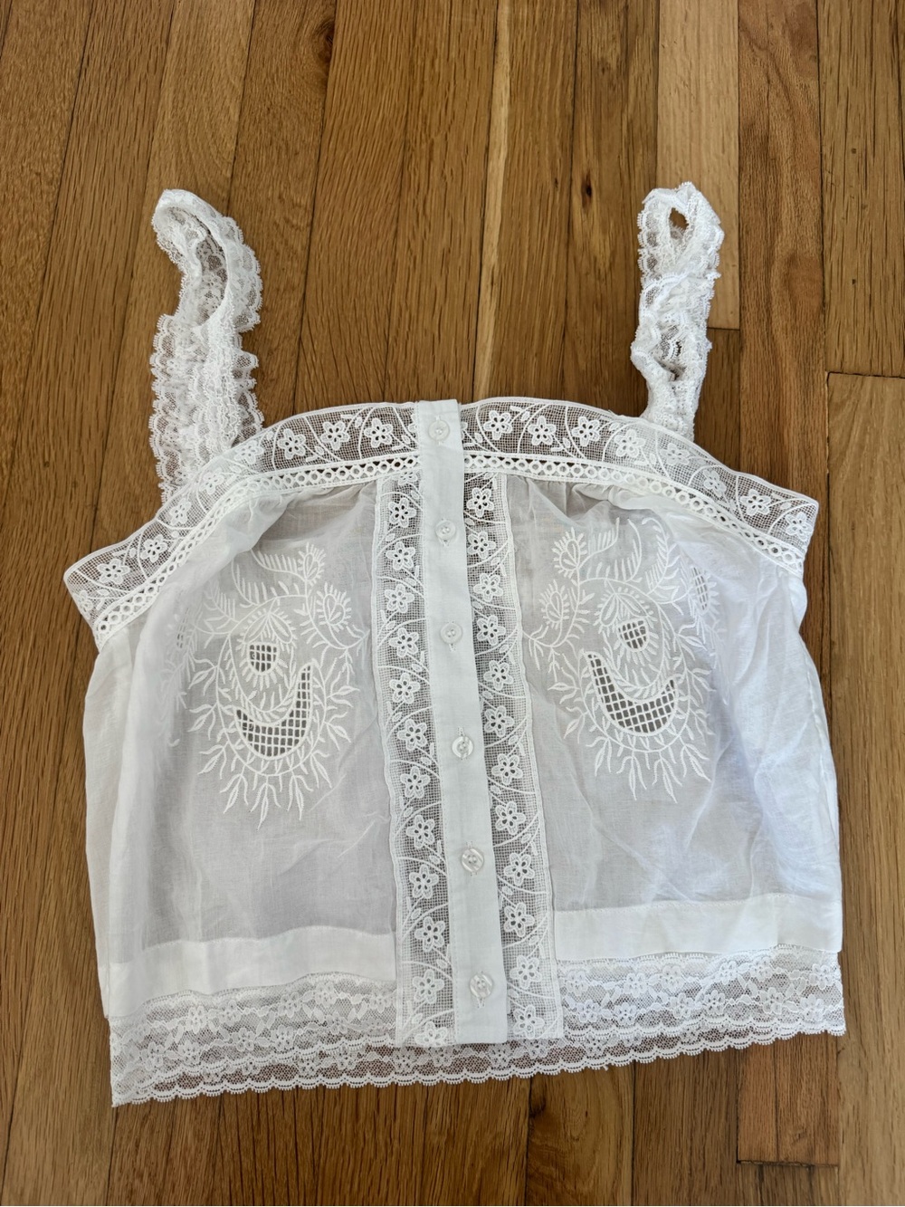 DAZY White Linen Lace Button Front Cropped Top